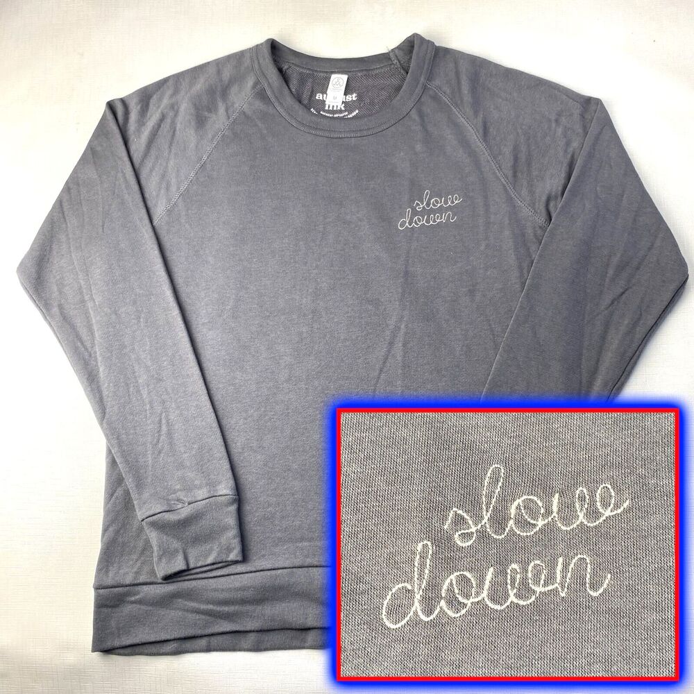 NEW "slow down" Gray BASEBALL CREWNECK SWEATSHIRT by August Ink Colorado! Sz Med